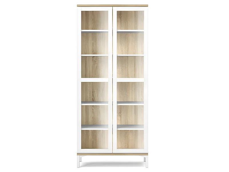 Rosa Armoire vitrine avec pieds blancs et fonds en finition chêne structuré.