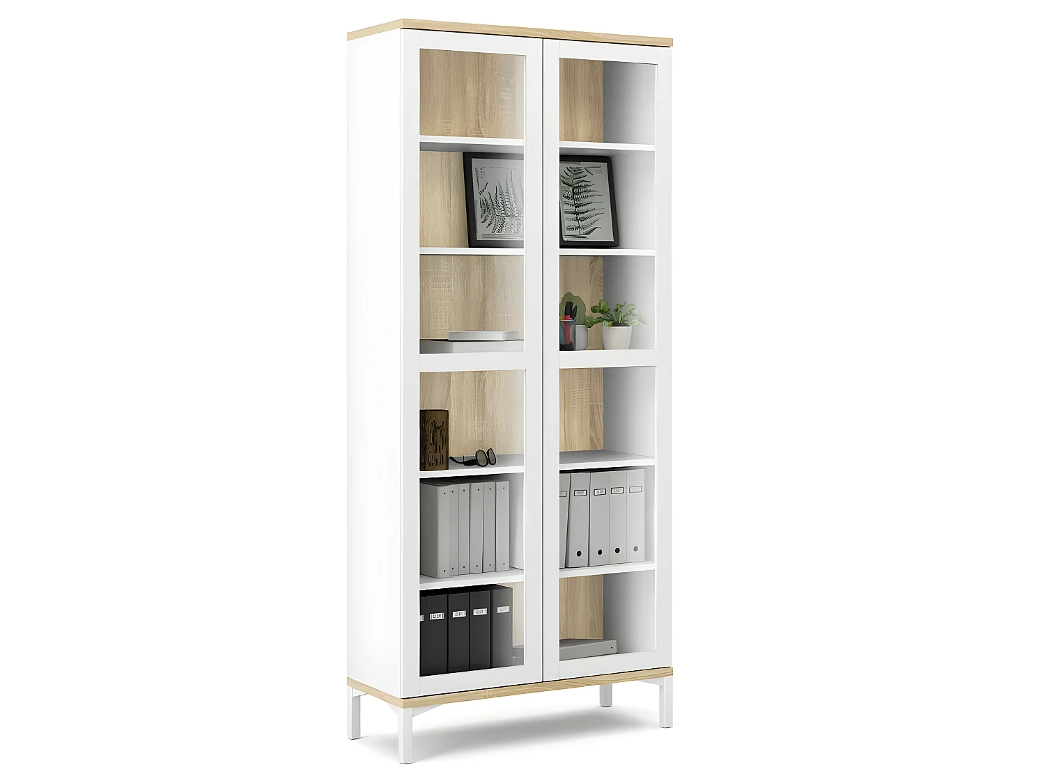 Rosa Armoire vitrine avec pieds blancs et fonds en finition chêne structuré.