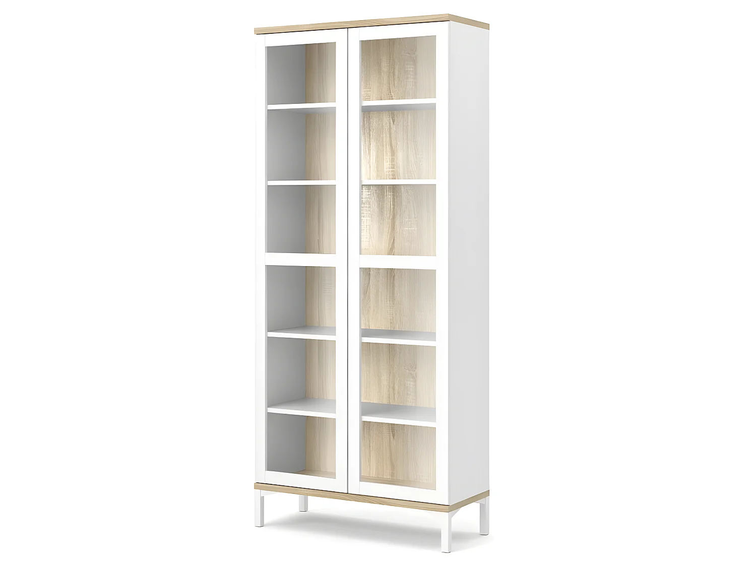Rosa Armoire vitrine avec pieds blancs et fonds en finition chêne structuré.