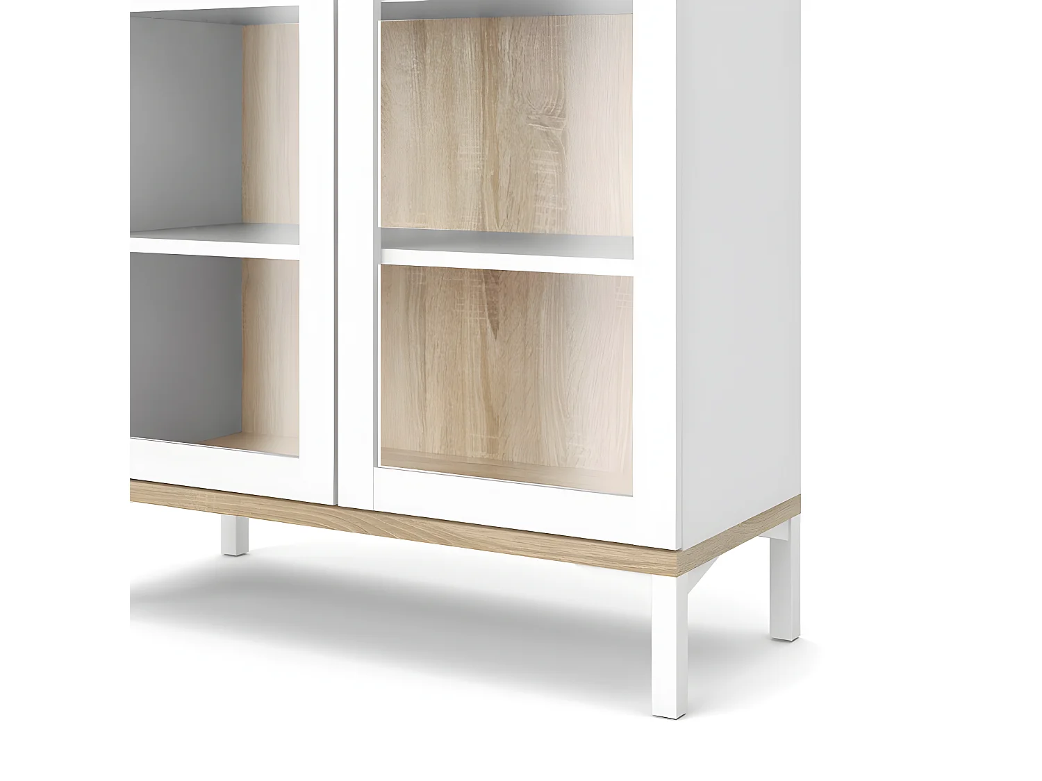 Rosa Armoire vitrine avec pieds blancs et fonds en finition chêne structuré.