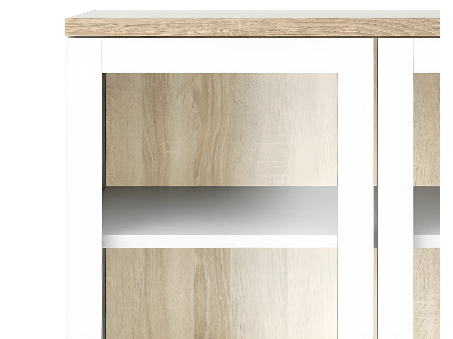 Rosa Armoire vitrine avec pieds blancs et fonds en finition chêne structuré.