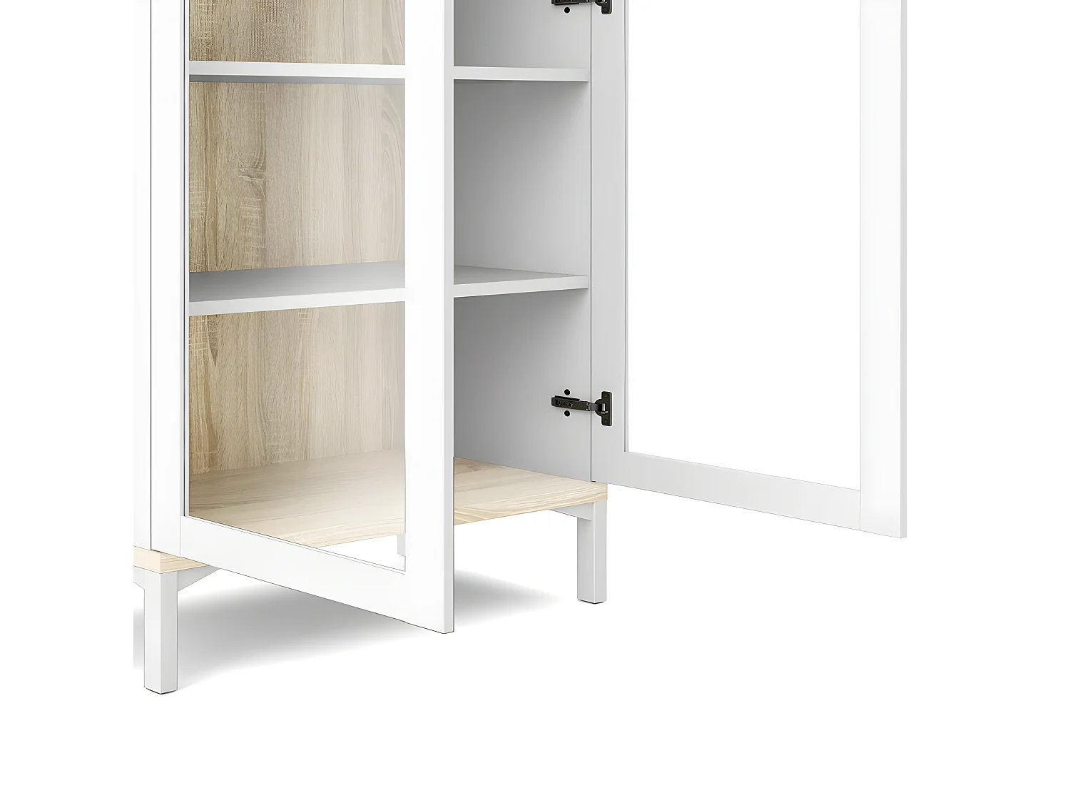 Rosa Armoire vitrine avec pieds blancs et fonds en finition chêne structuré.