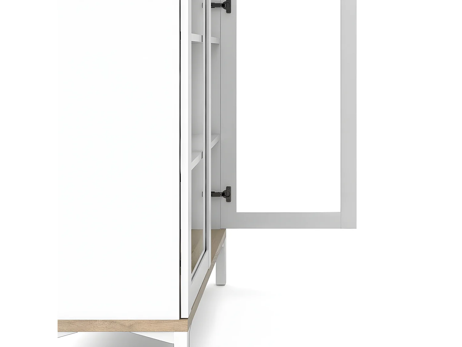 Rosa Armoire vitrine avec pieds blancs et fonds en finition chêne structuré.