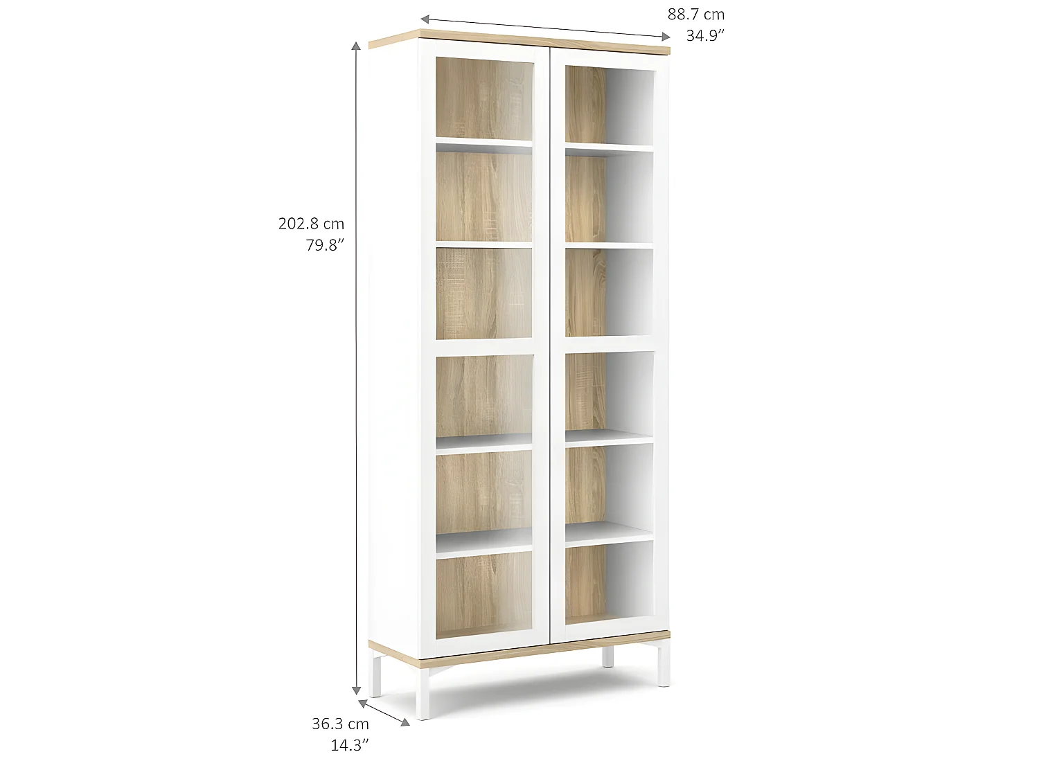 Rosa Armoire vitrine avec pieds blancs et fonds en finition chêne structuré.