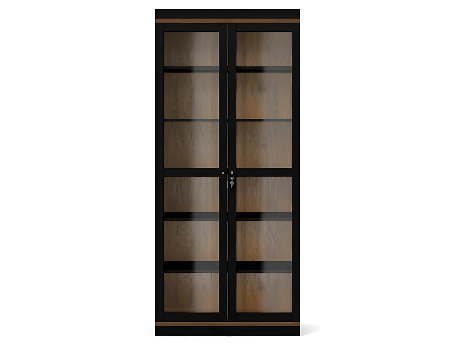 Rosa vitrinekast met sokkel zwart en walnoot.
