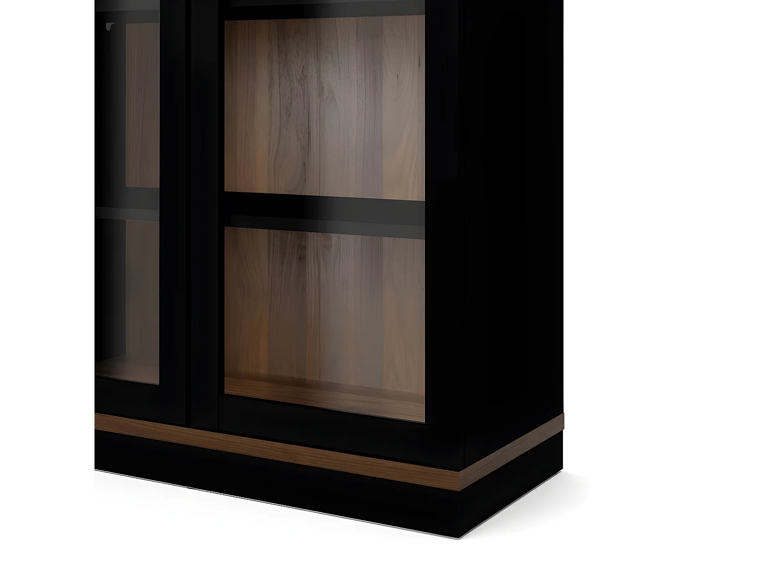 Rosa vitrinekast met sokkel zwart en walnoot.