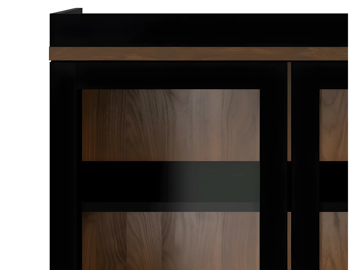 Rosa vitrinekast met sokkel zwart en walnoot.