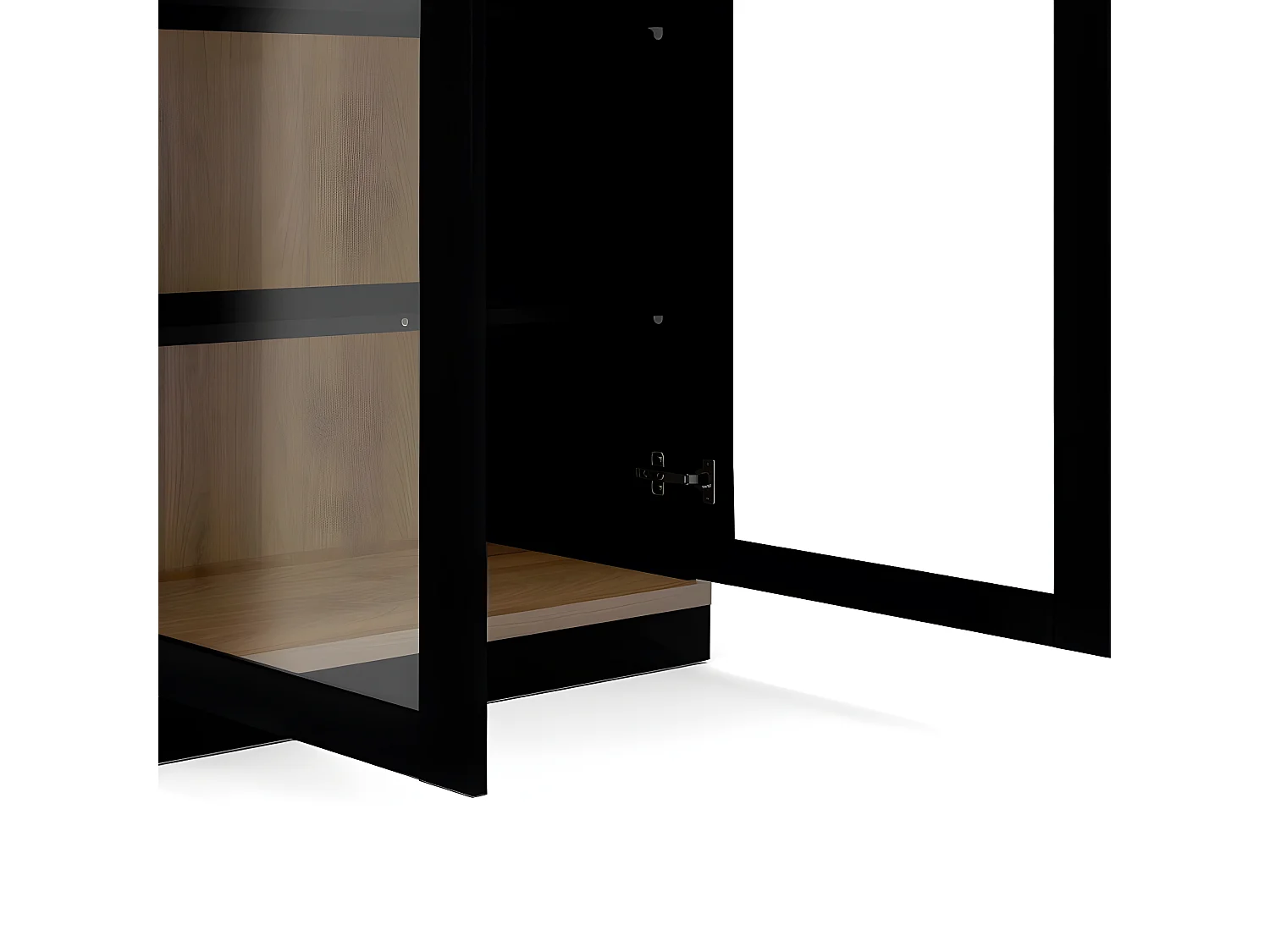 Rosa vitrinekast met sokkel zwart en walnoot.