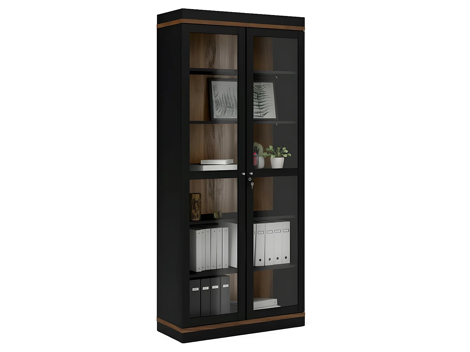 Rosa vitrinekast met sokkel zwart en walnoot.