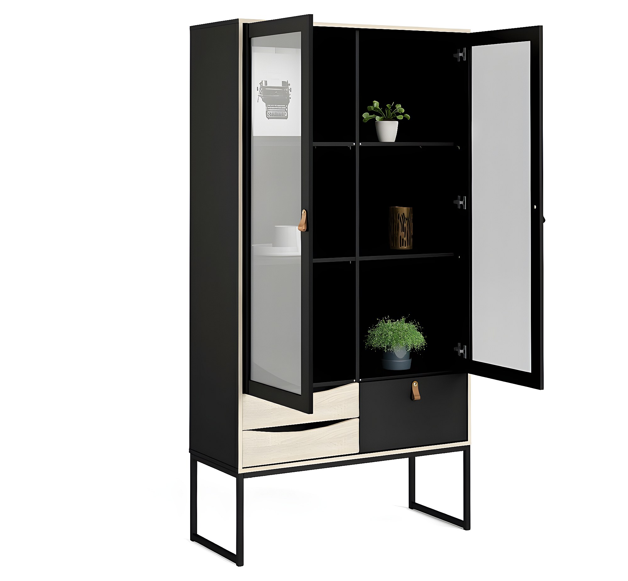 Strive Armoire vitrine 2 portes vitrées, 3 tiroirs, noir mat, finition