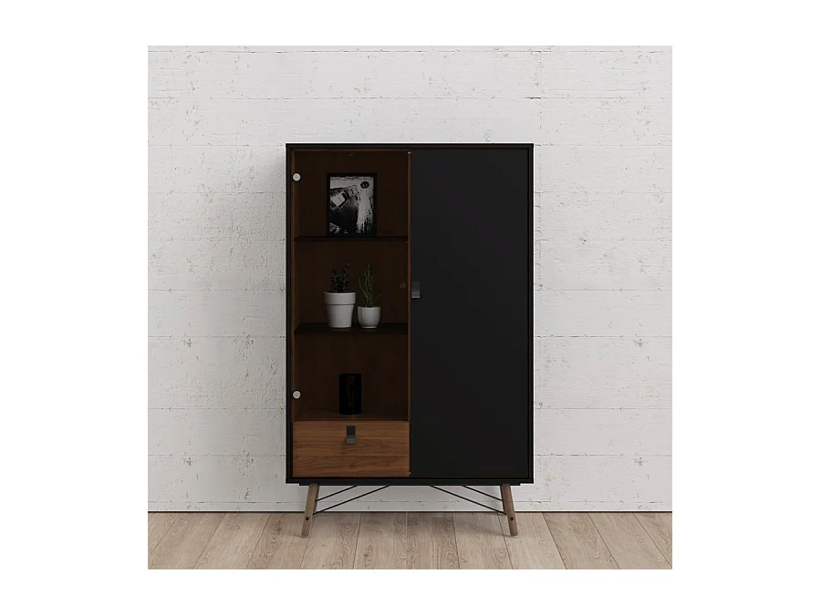 Rye Vitrinenschrank 1 Glastür, 1 Tür, 1 Schublade mattschwarz, wallnuss Dekor.