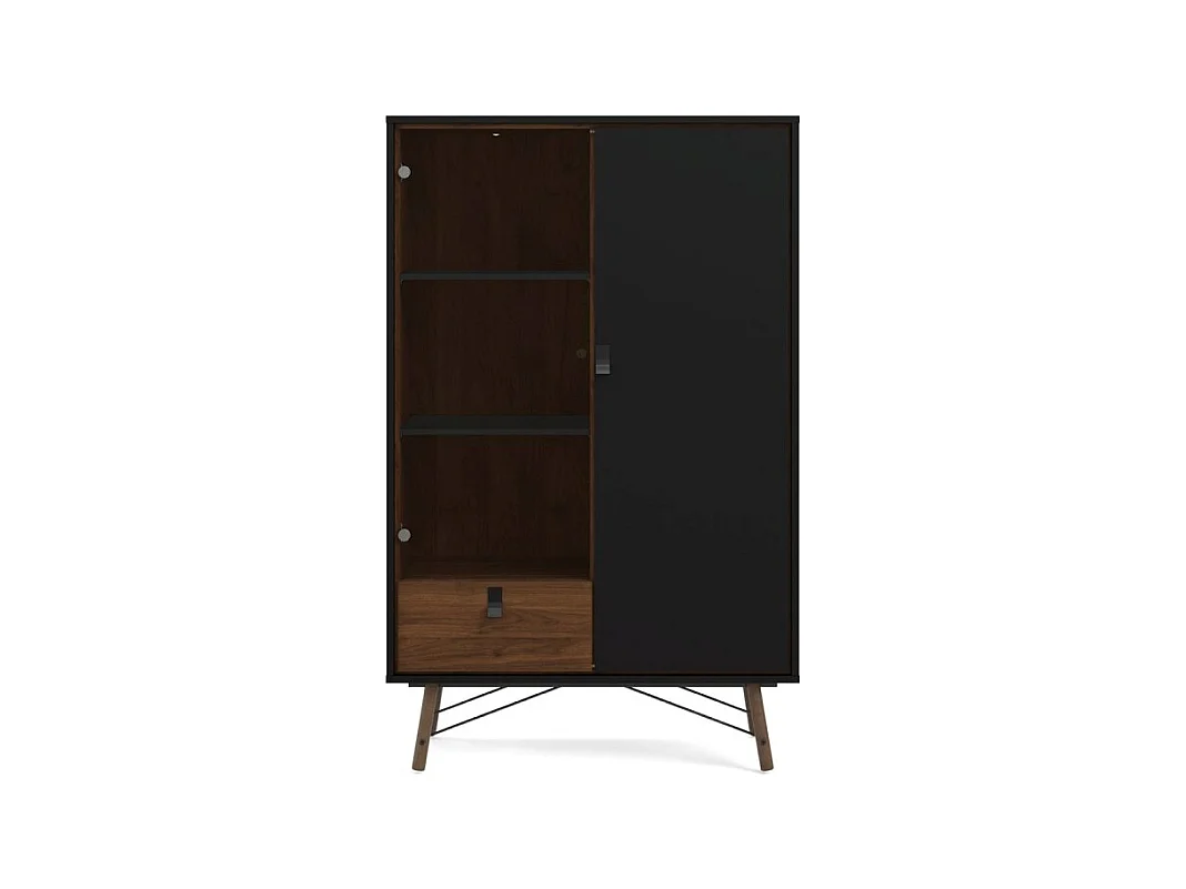 Rye Armoire vitrine, 1 porte vitrée, 1 porte, 1 tiroir, noir mat, finition noyer.