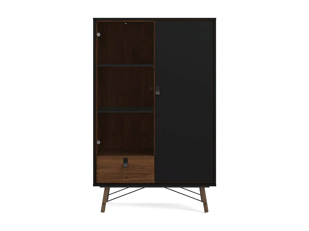 Rye vitrinekast 1 glazen deur, 1 deur, 1 lade mat zwart, walnoot decor.