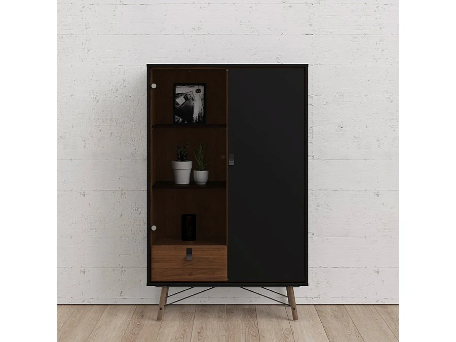 Rye vitrinekast 1 glazen deur, 1 deur, 1 lade mat zwart, walnoot decor.