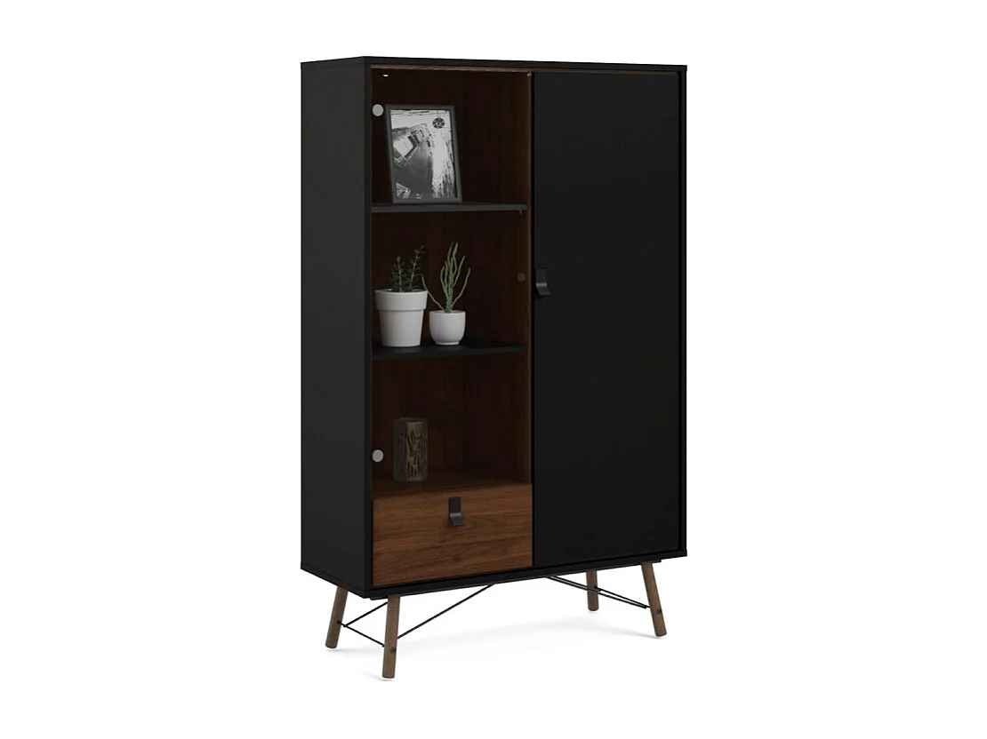 Rye vitrinekast 1 glazen deur, 1 deur, 1 lade mat zwart, walnoot decor.