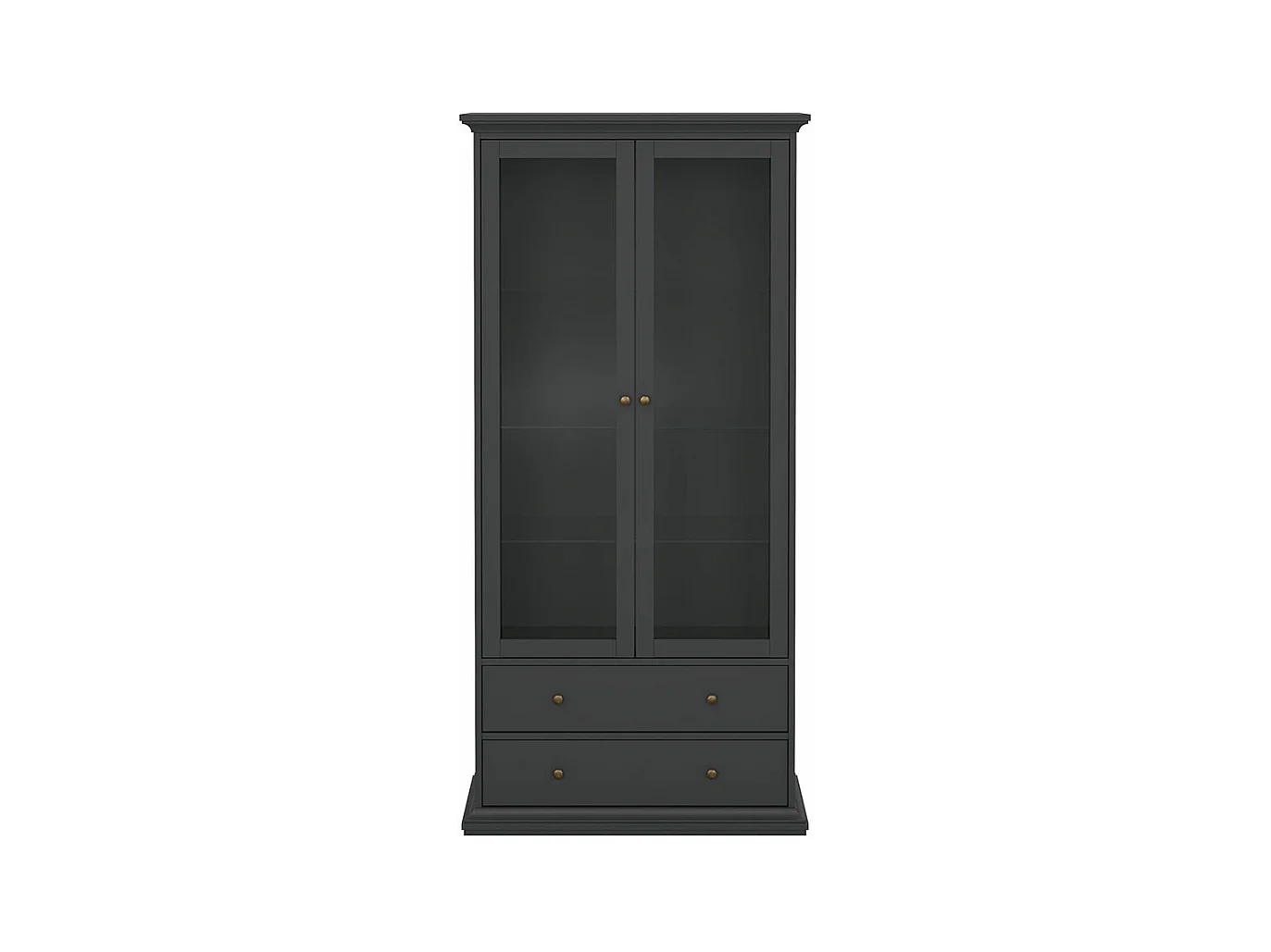 Venedig Vitrinenschrank 2 Glastüren und 2 Schubladen matt grau.