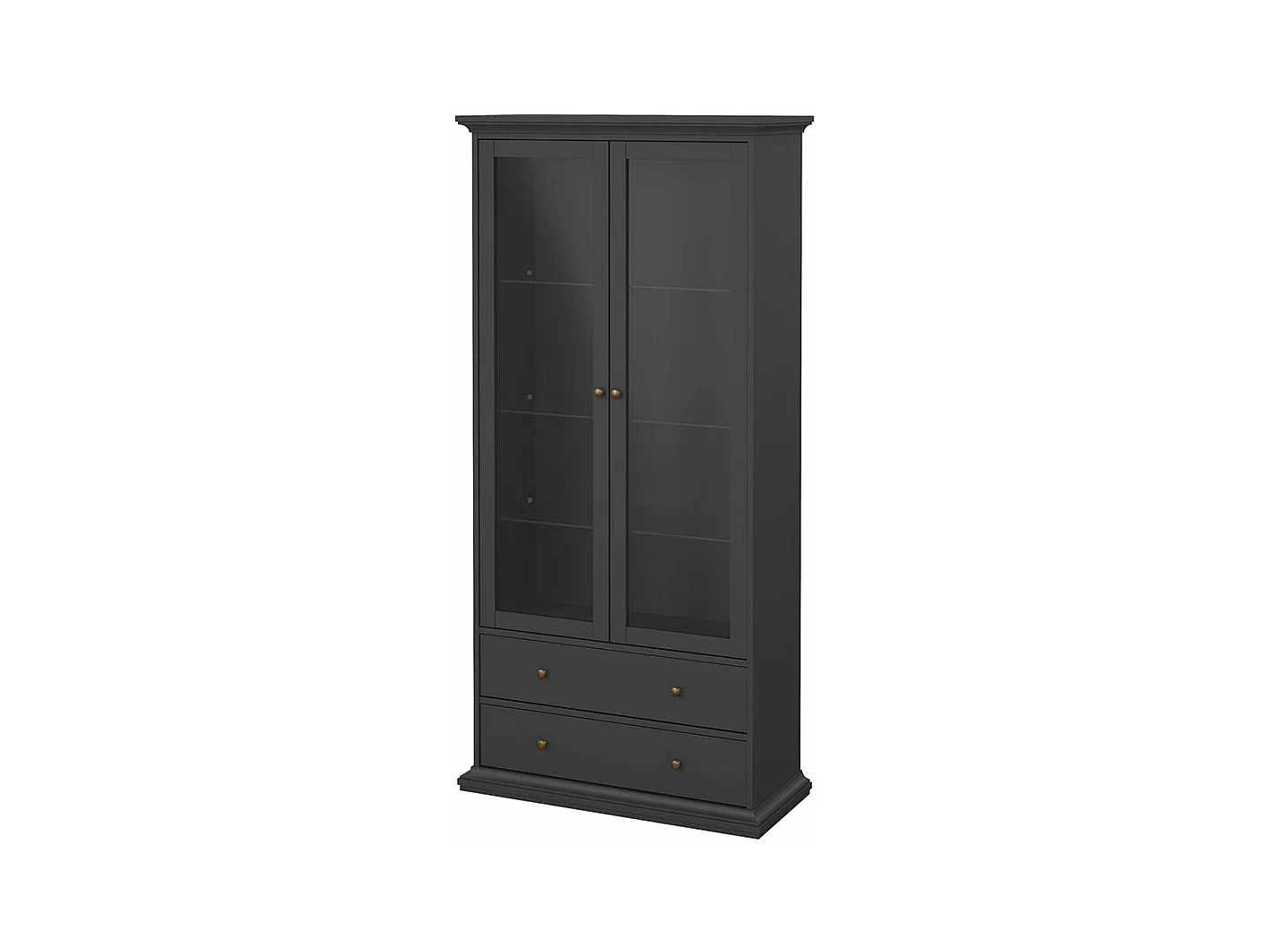 Venedig Vitrinenschrank 2 Glastüren und 2 Schubladen matt grau.