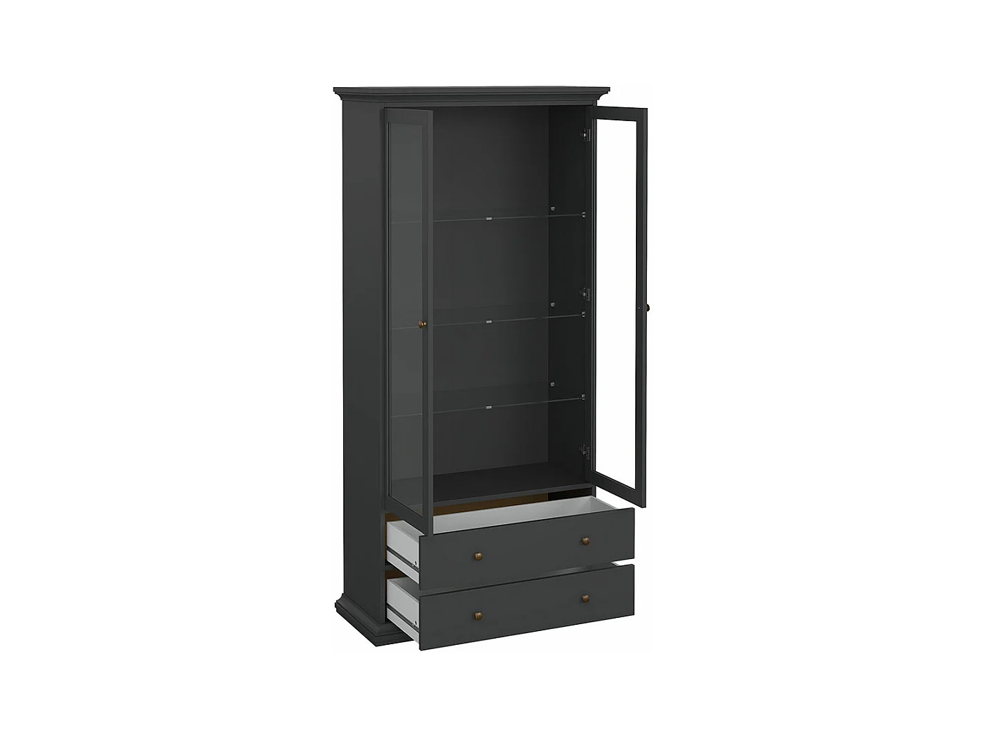 Venedig Vitrinenschrank 2 Glastüren und 2 Schubladen matt grau.