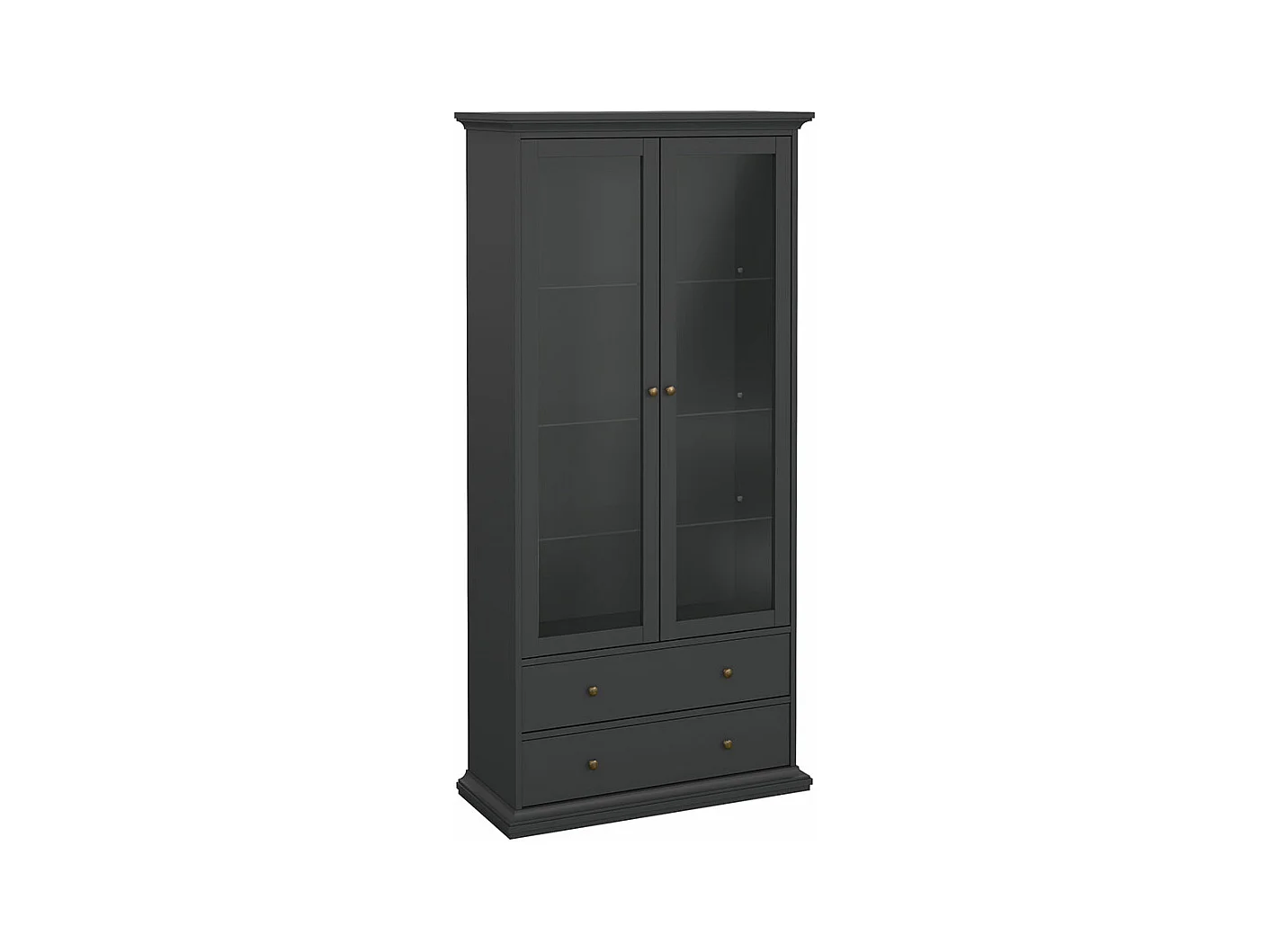 Venedig Vitrinenschrank 2 Glastüren und 2 Schubladen matt grau.