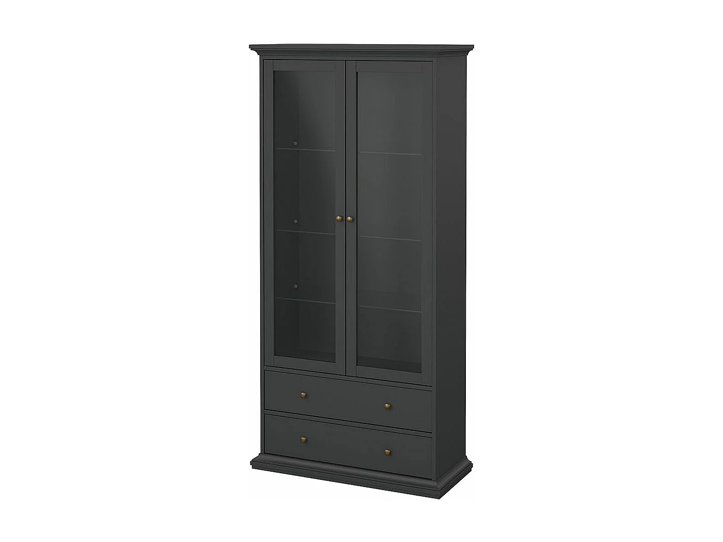 Venedig Vitrinenschrank 2 Glastüren und 2 Schubladen matt grau.