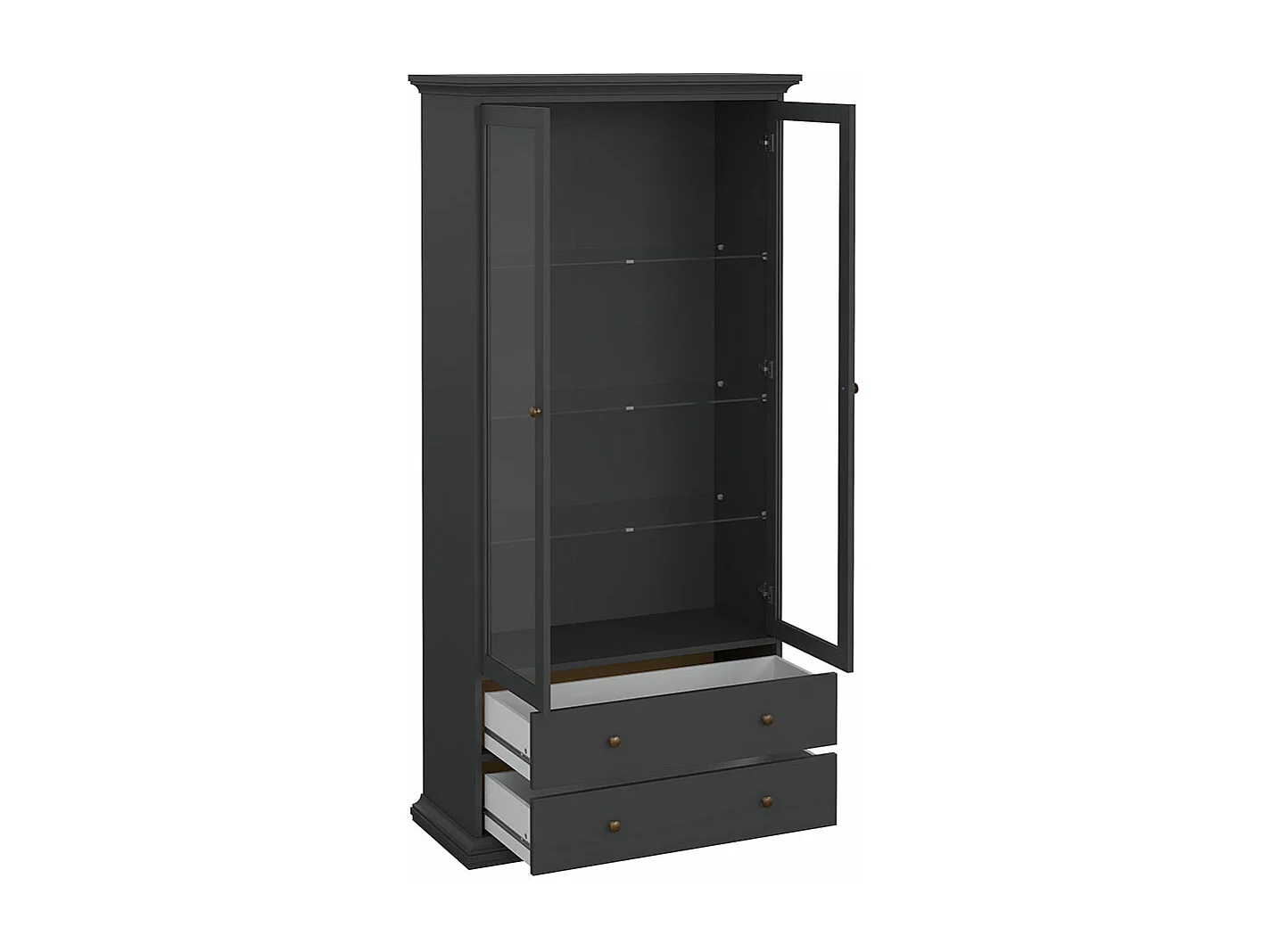 Venedig Vitrinenschrank 2 Glastüren und 2 Schubladen matt grau.