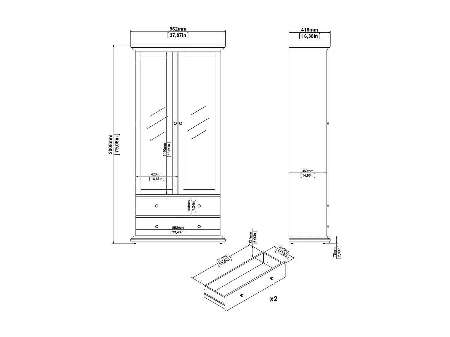 Venedig Vitrinenschrank 2 Glastüren und 2 Schubladen matt grau.