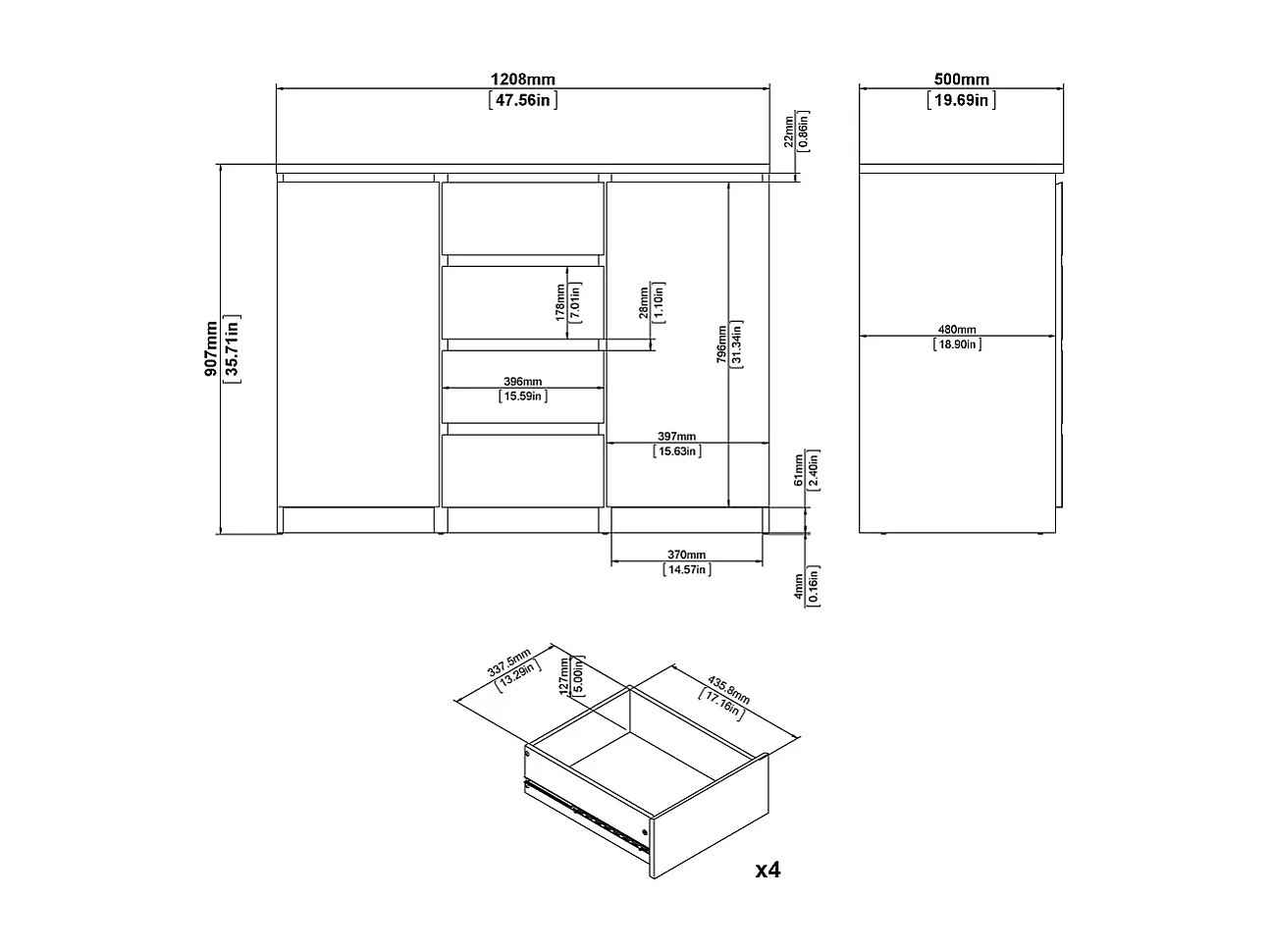 Nada Sideboard 2 Türen und 4 Schubladen, mattschwarz.