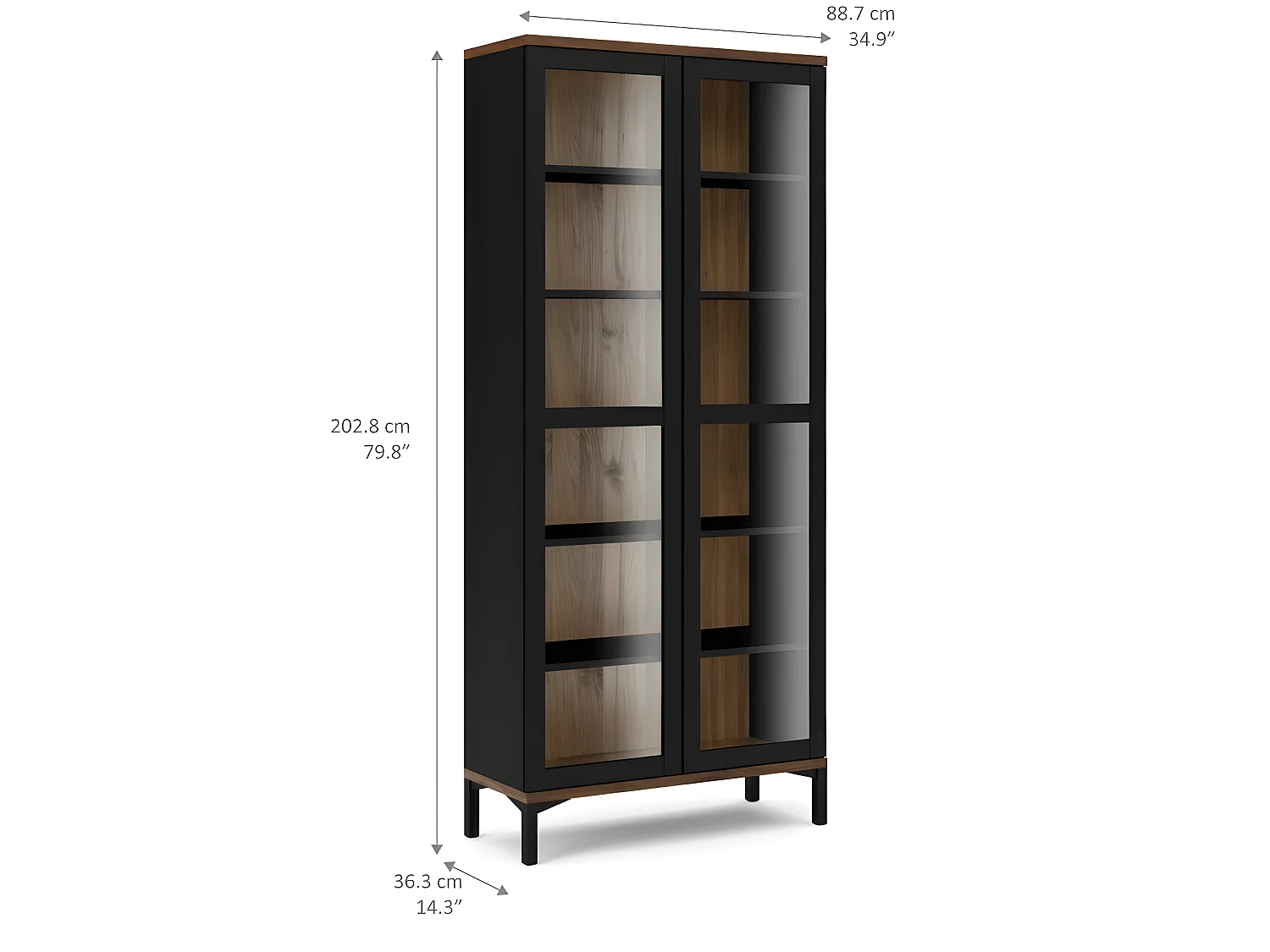 Rosa Armoire vitrine avec pieds noirs et en finitionnoyer.