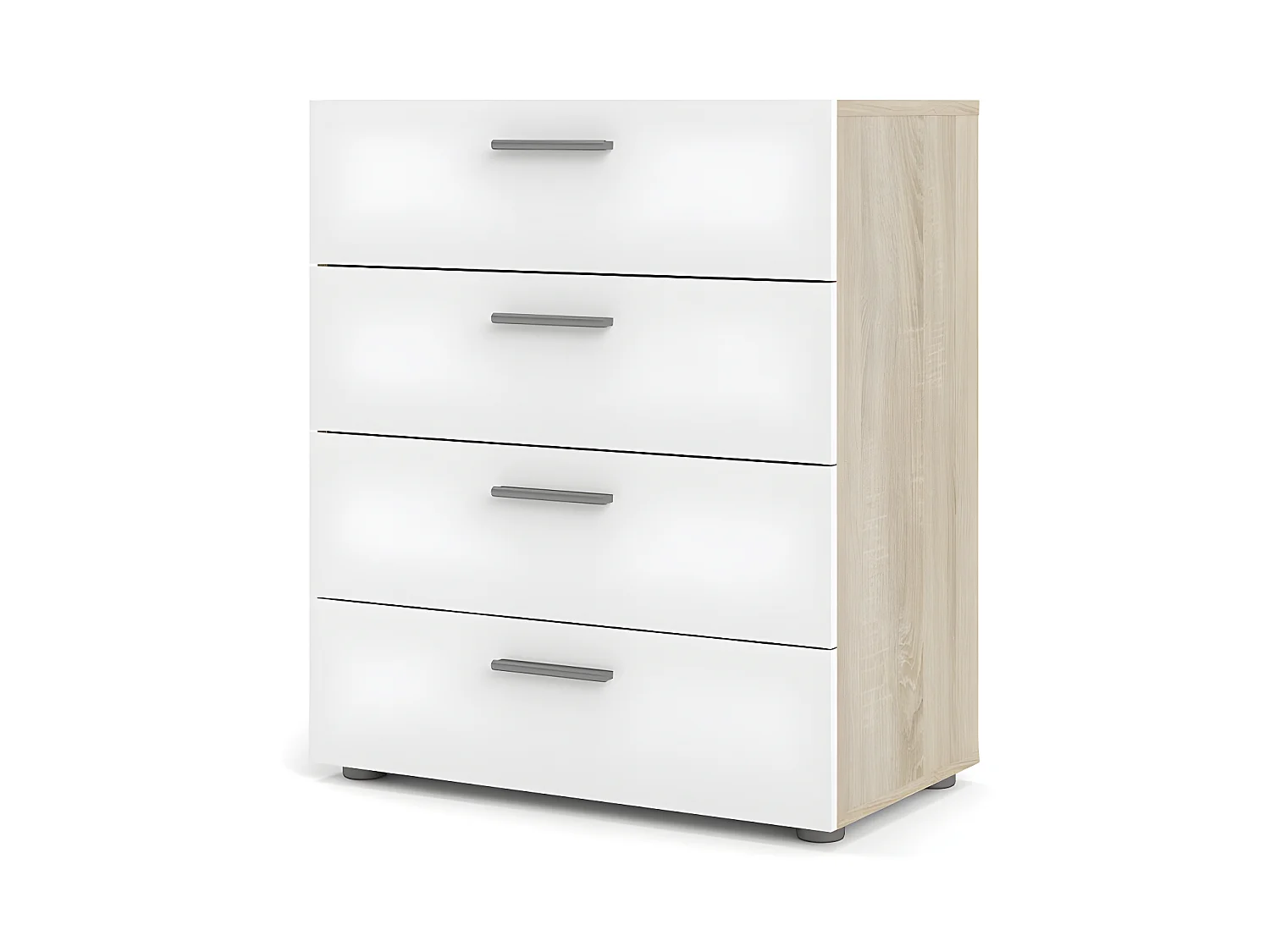 Petra Commode à 4 tiroirs, structure en imitation chêne, blanc brillant.