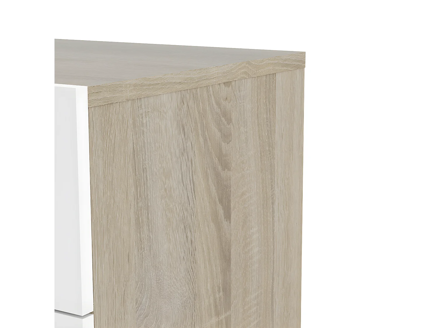 Petra Commode à 4 tiroirs, structure en imitation chêne, blanc brillant.