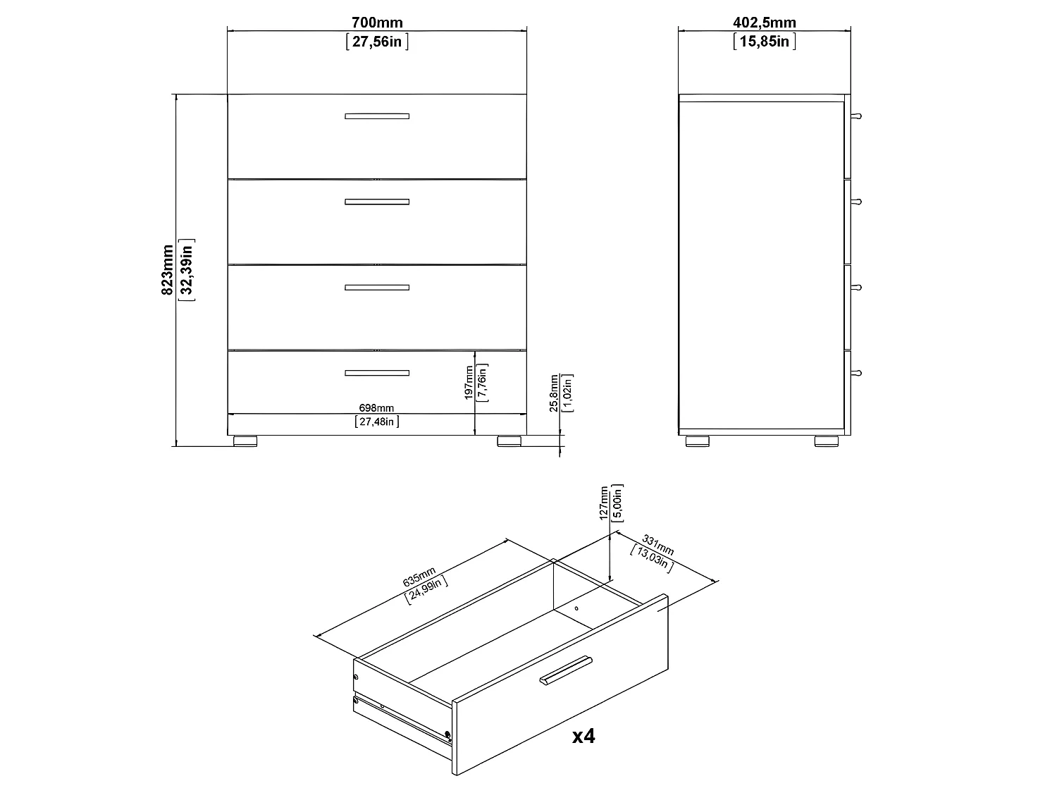Petra Commode à 4 tiroirs, structure en imitation chêne, blanc brillant.