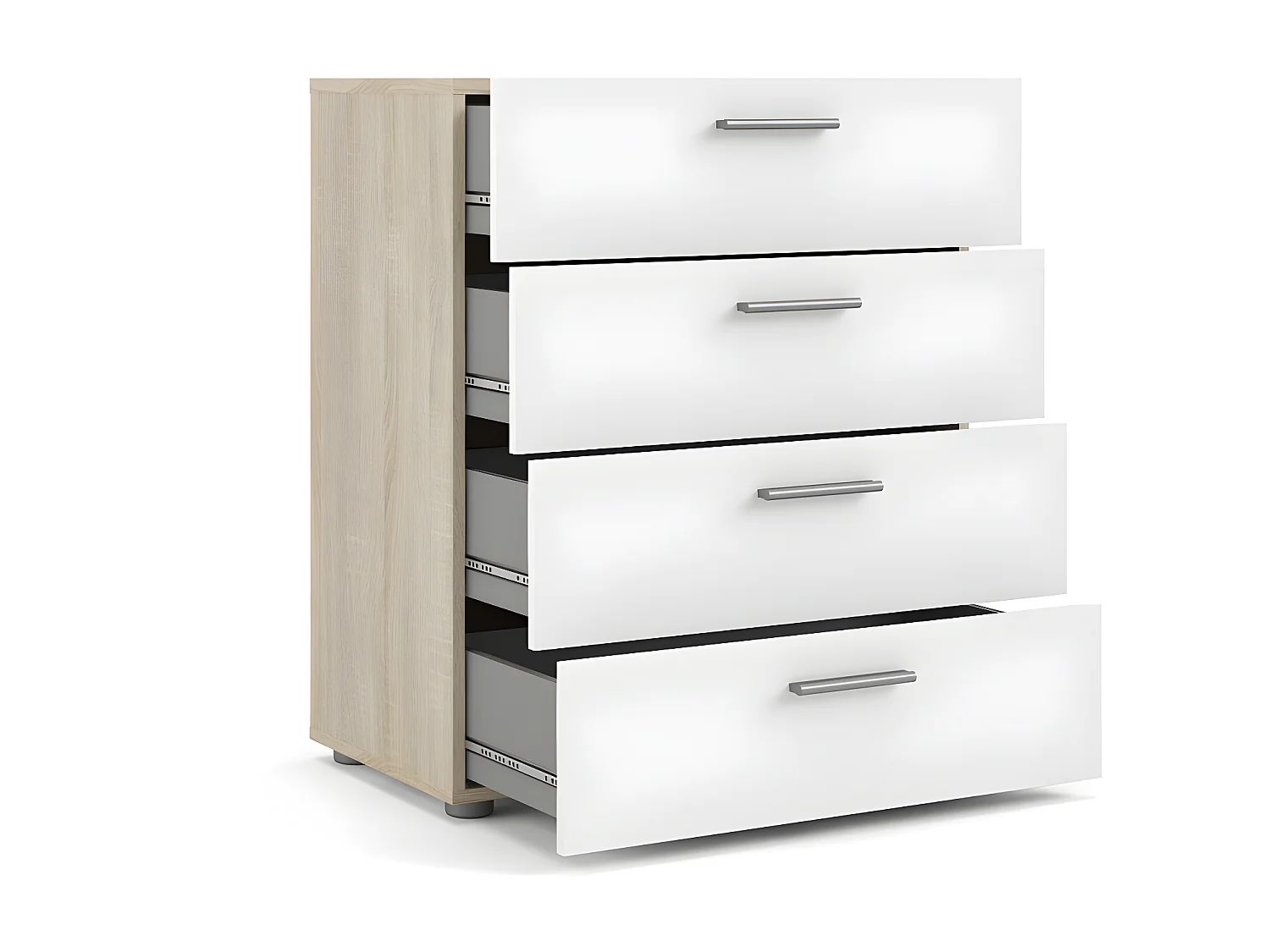 Cómoda Petra 4 cajones, estructura decoración roble y blanco alto brillo.