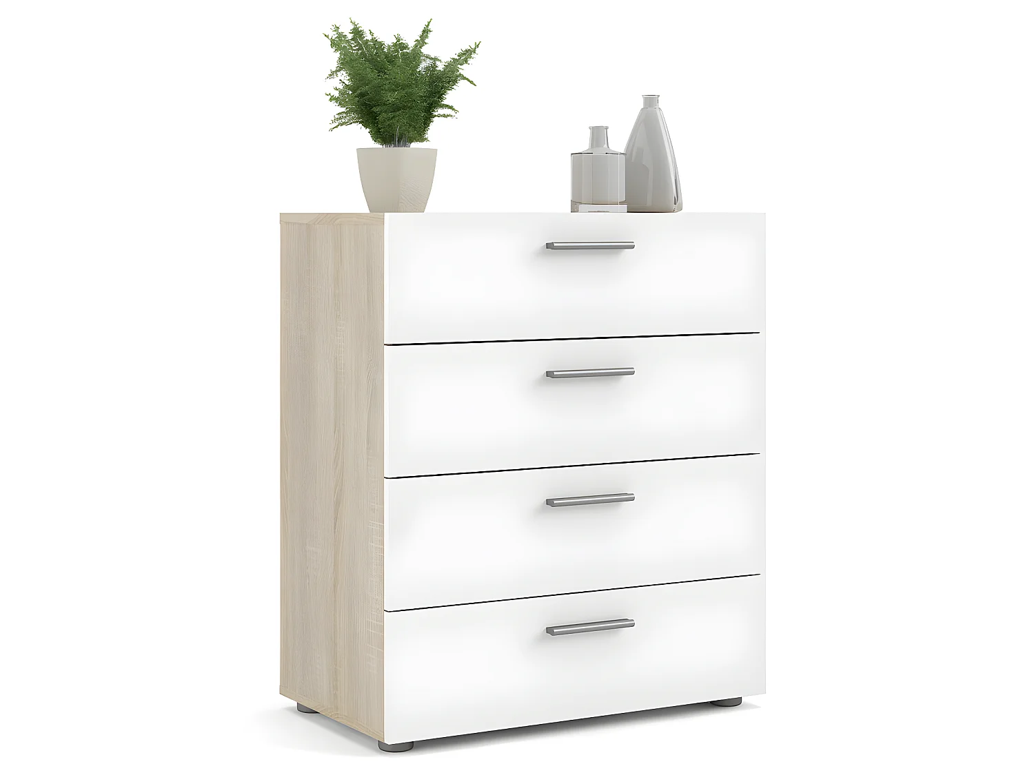 Cómoda Petra 4 cajones, estructura decoración roble y blanco alto brillo.