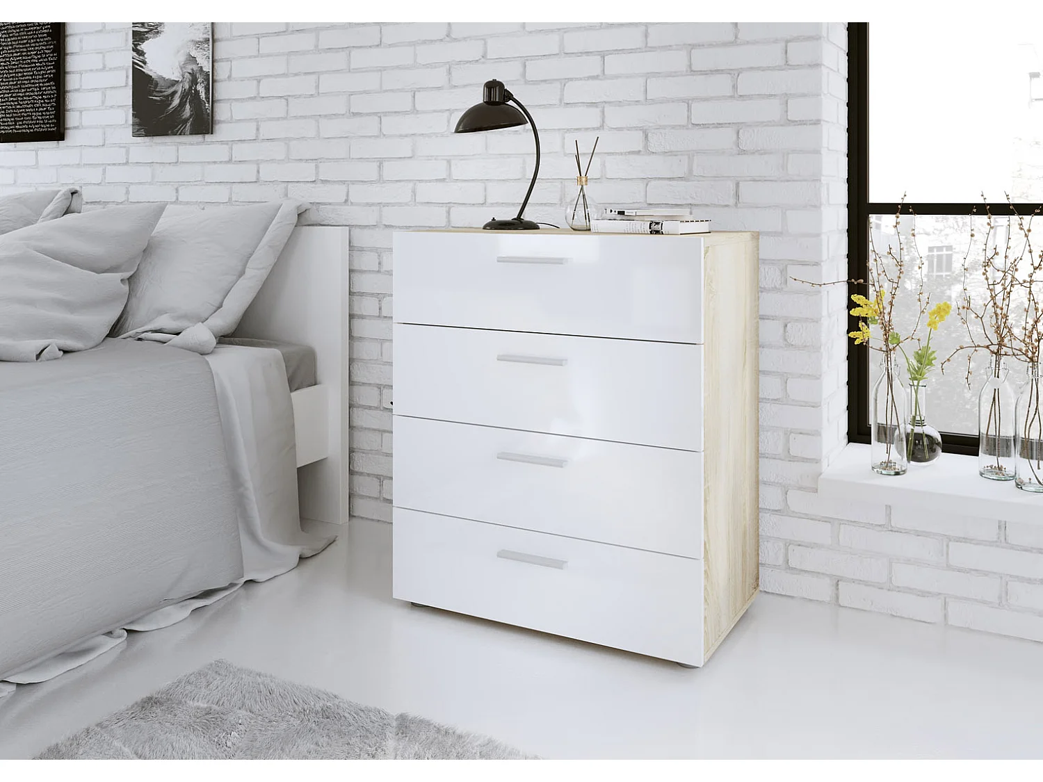 Cómoda Petra 4 cajones, estructura decoración roble y blanco alto brillo.