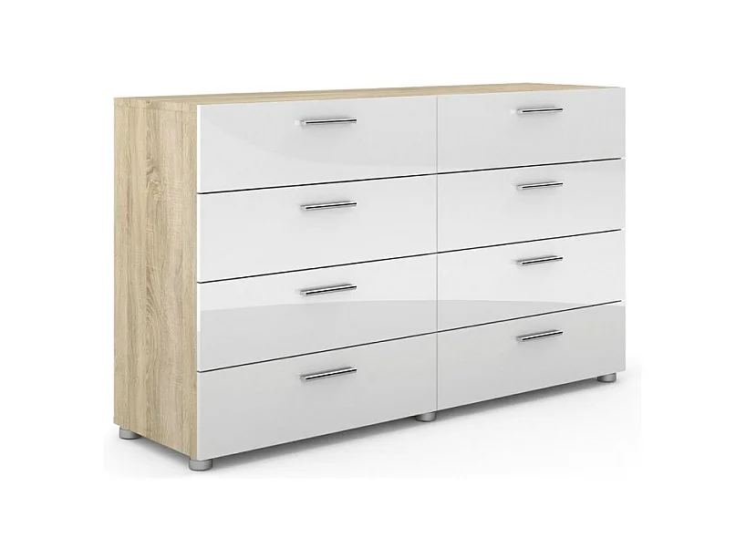 Petra Commode 8 tiroirs, finition chêne structuré et blanc brillant.