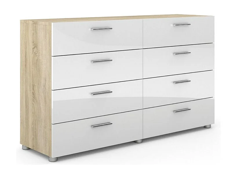 Petra Commode 8 tiroirs, finition chêne structuré et blanc brillant.
