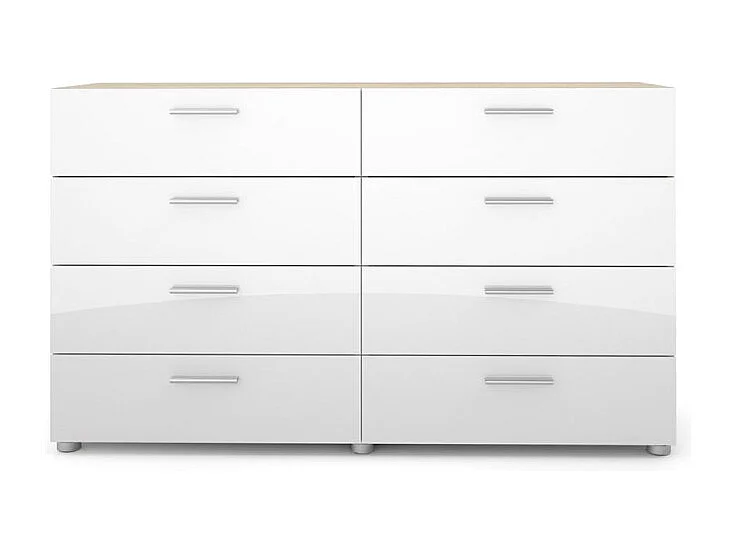 Petra Commode 8 tiroirs, finition chêne structuré et blanc brillant.