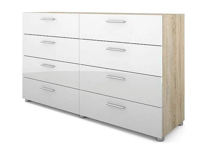 Petra Commode 8 tiroirs, finition chêne structuré et blanc brillant.