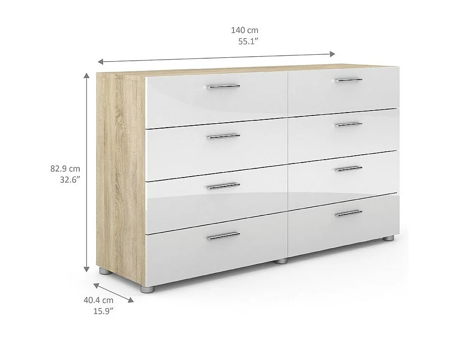 Petra Commode 8 tiroirs, finition chêne structuré et blanc brillant.