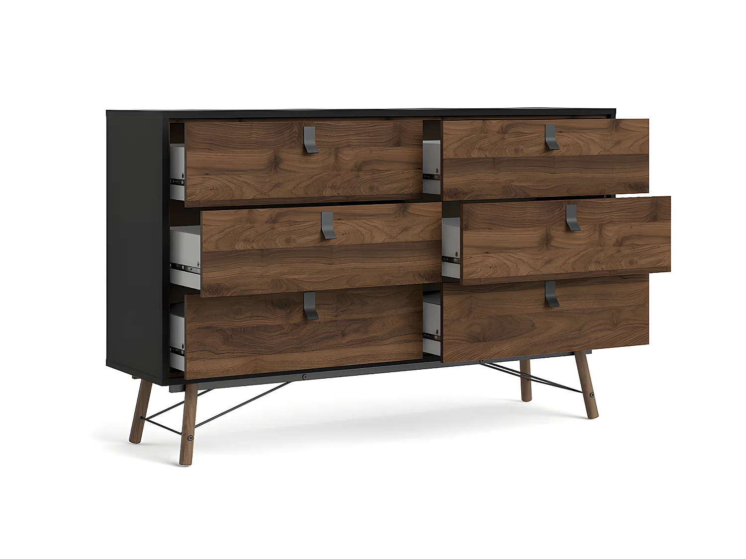 Rye Commode large 6 tiroirs noir mat, teinte noyer.