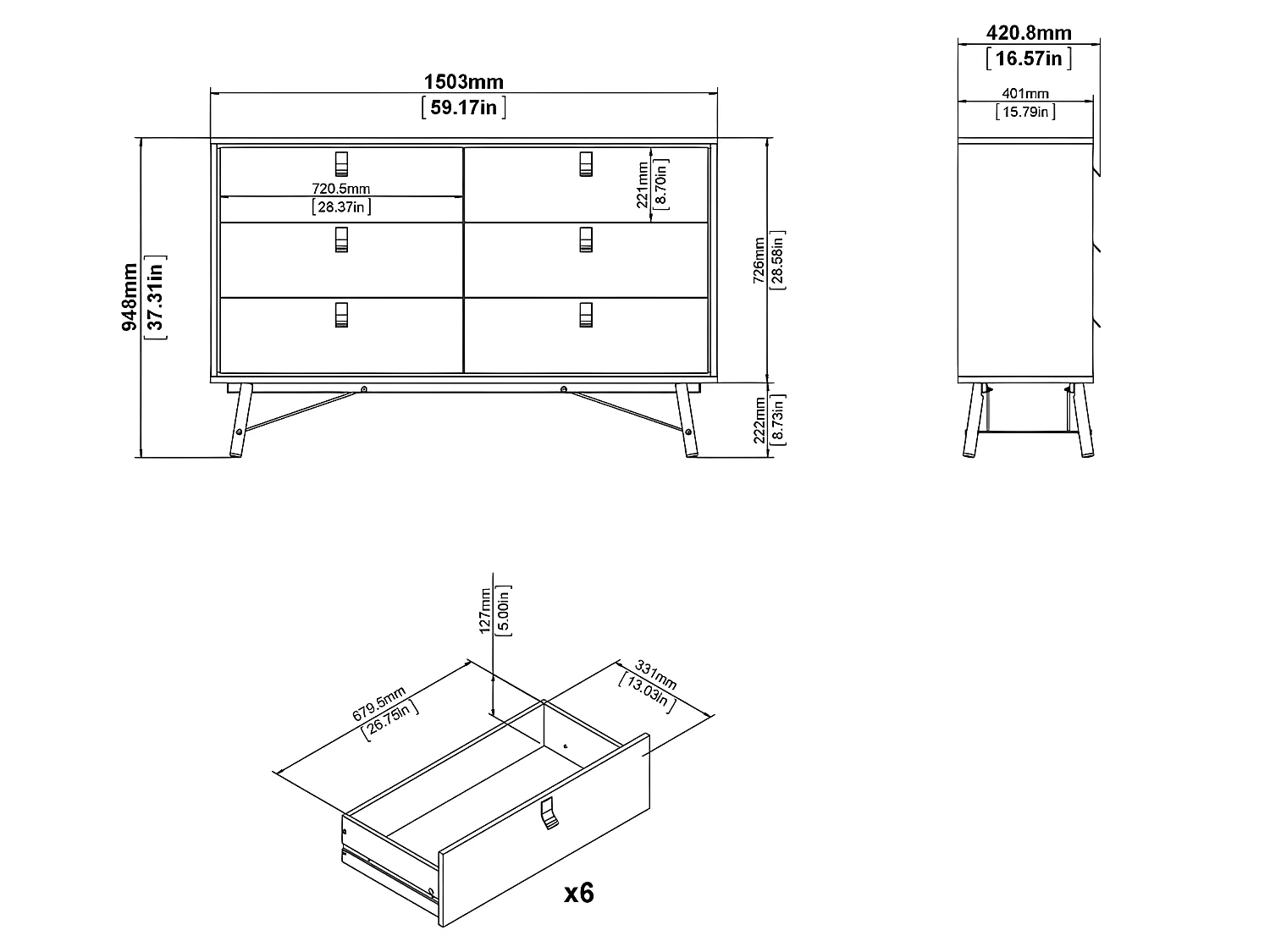 Rye Commode large 6 tiroirs noir mat, teinte noyer.