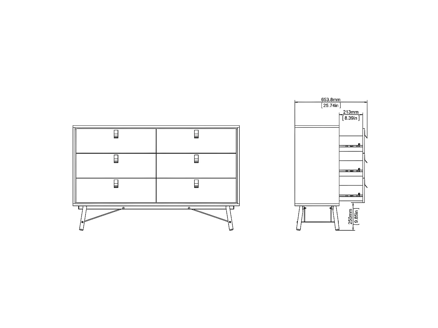 Rye Commode large 6 tiroirs noir mat, teinte noyer.
