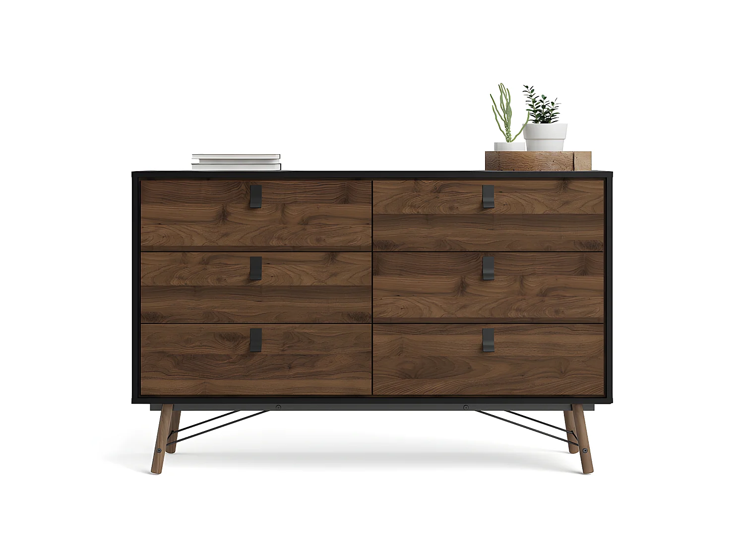 Rye Commode large 6 tiroirs noir mat, teinte noyer.
