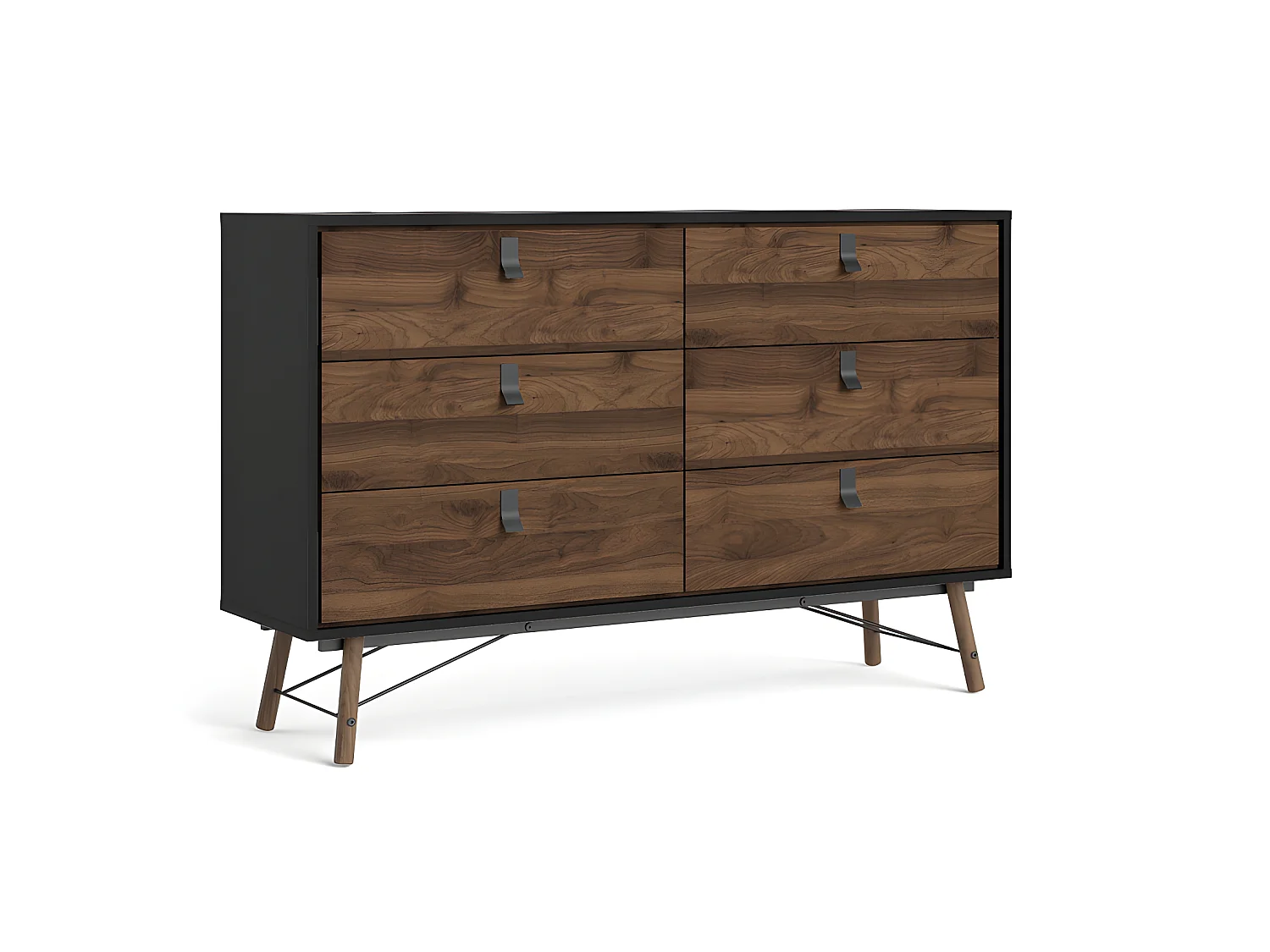 Rye Commode large 6 tiroirs noir mat, teinte noyer.