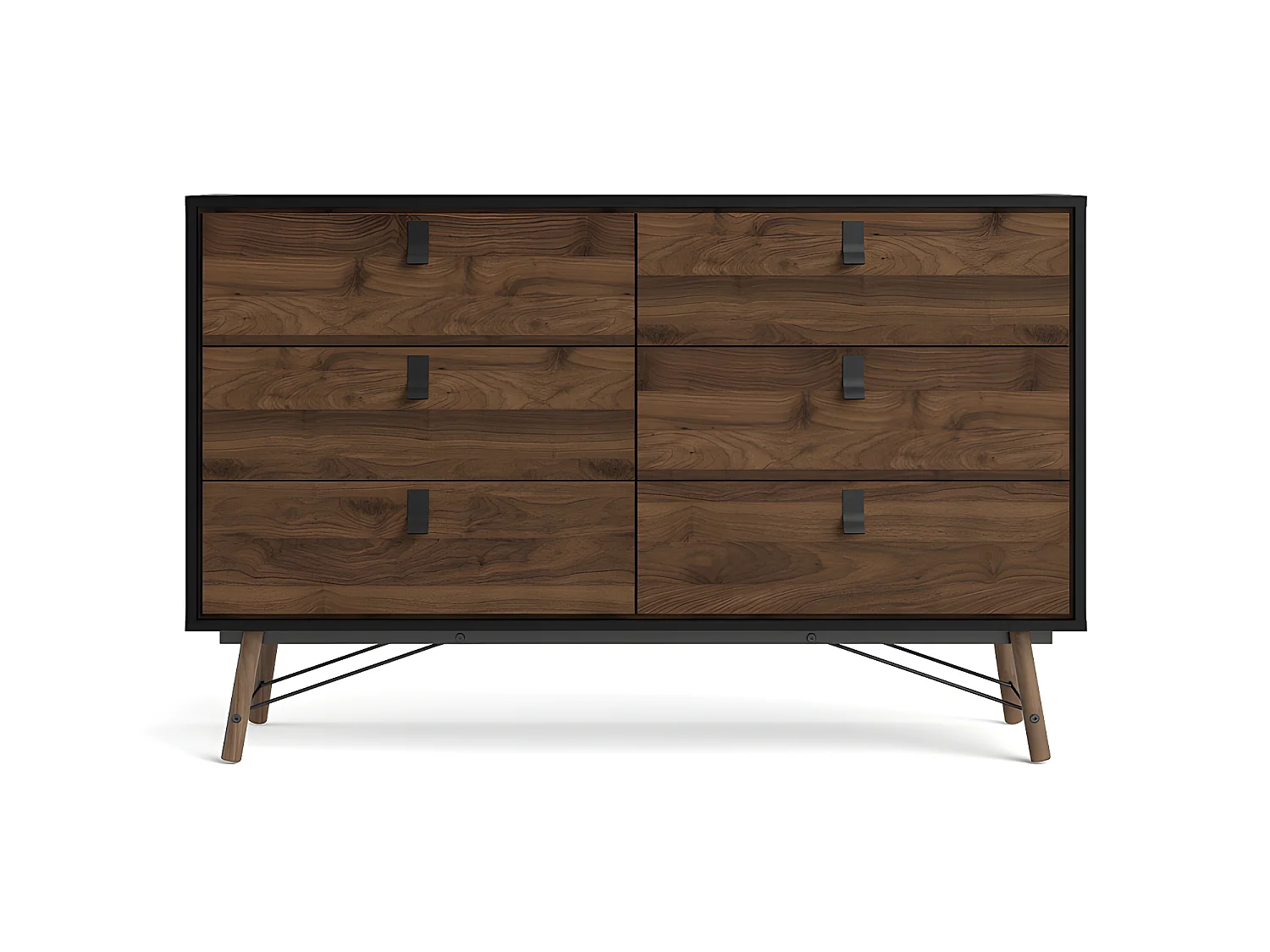 Rye Commode large 6 tiroirs noir mat, teinte noyer.