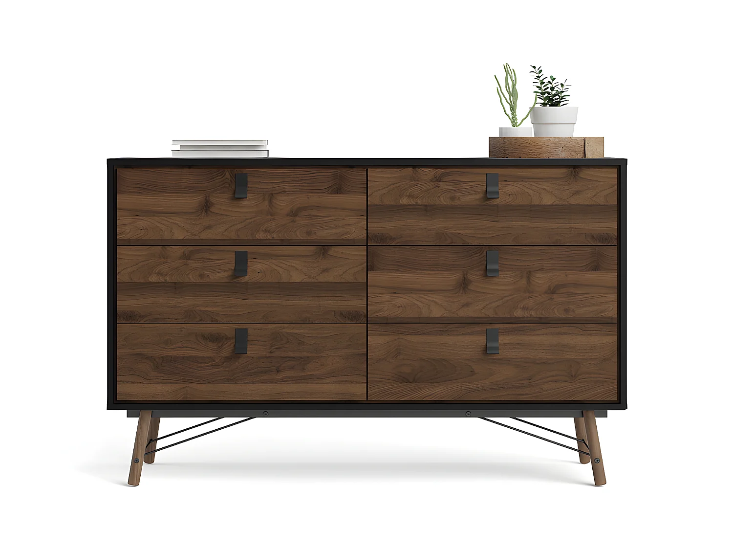 Rye Commode large 6 tiroirs noir mat, teinte noyer.