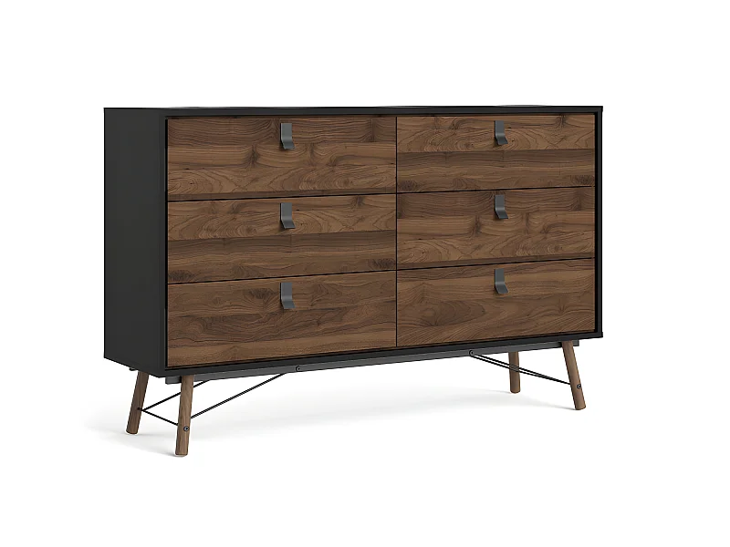 Rye Commode large 6 tiroirs noir mat, teinte noyer.