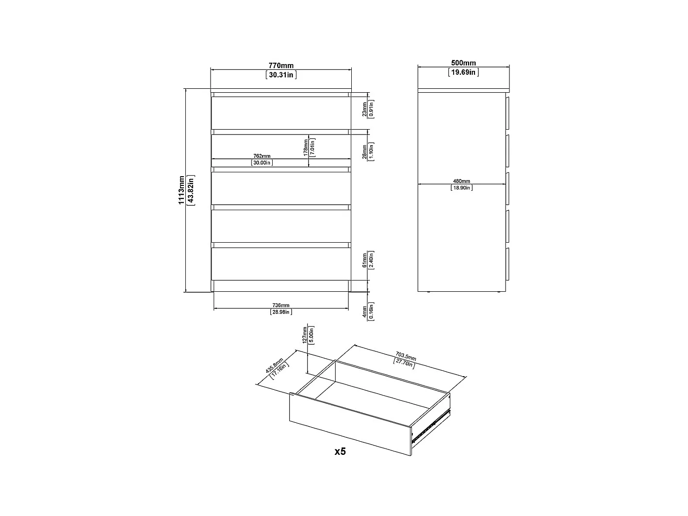 Nada Commode large avec 5 tiroirs, mat noir.