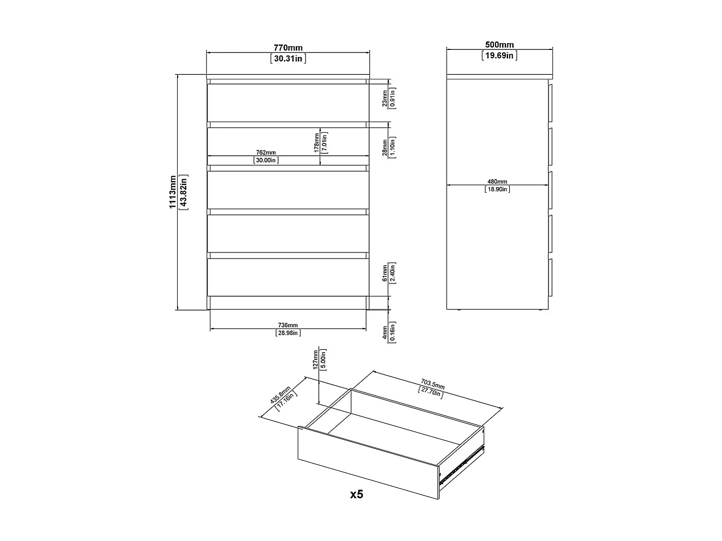 Nada kommode breed met 5 lades, mat zwart.