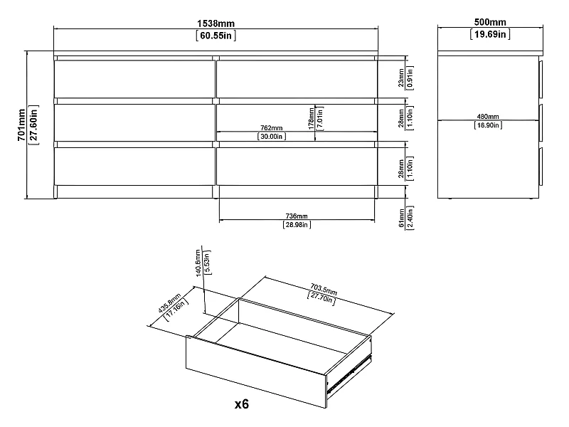 Nada Commode large à 6 tiroirs, aspect béton, blanc brillant.